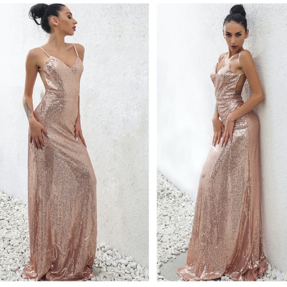 Rose Gold Sequin Open Back Cami Maxi Dress - Picture 10 of 13